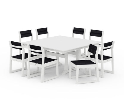 POLYWOOD® EDGE Sling Side Chair 9-Piece Farmhouse Trestle Dining Set in White / Black Sling