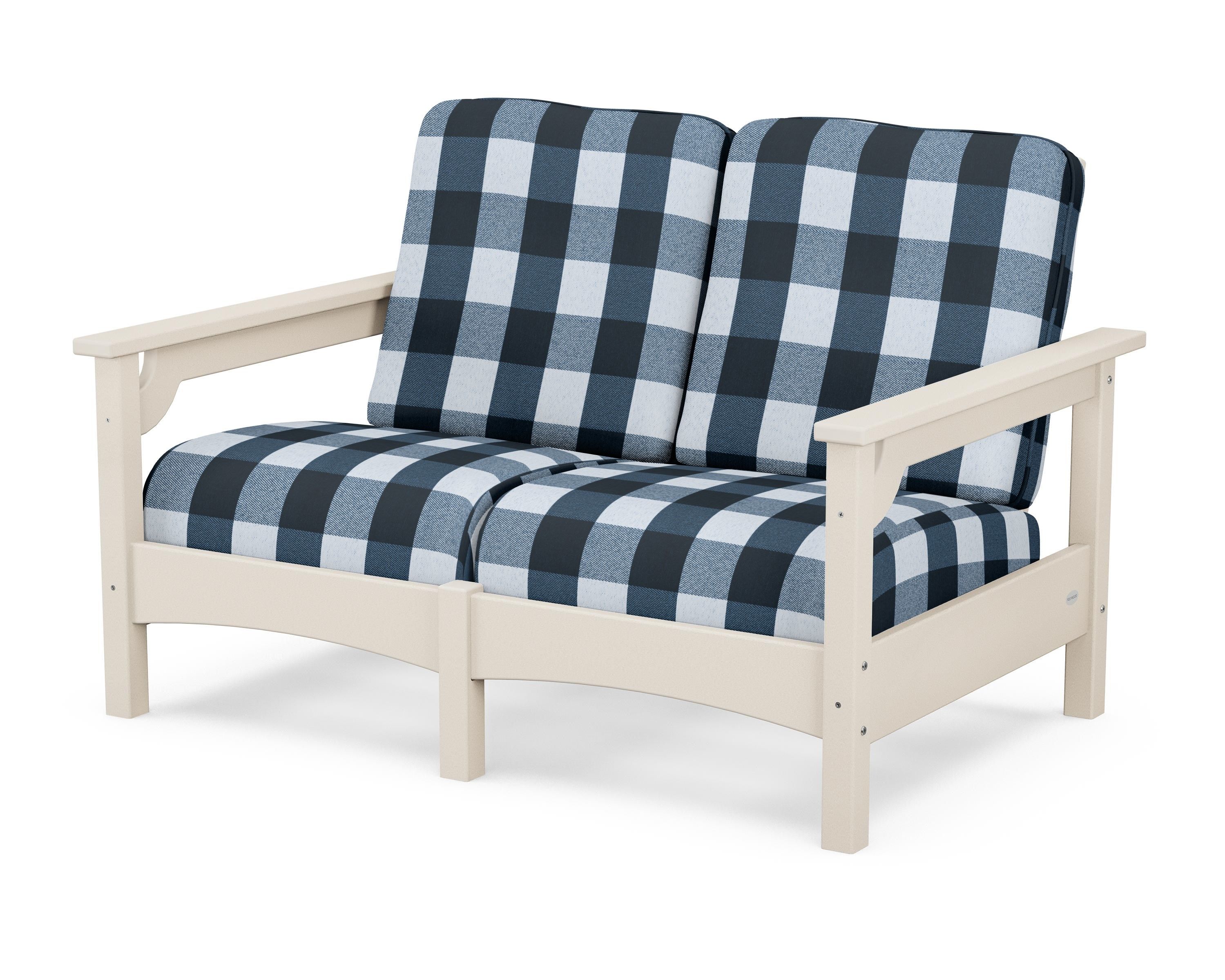 POLYWOOD® Club Loveseat in Sand / Buffalo Plaid Marine Indigo