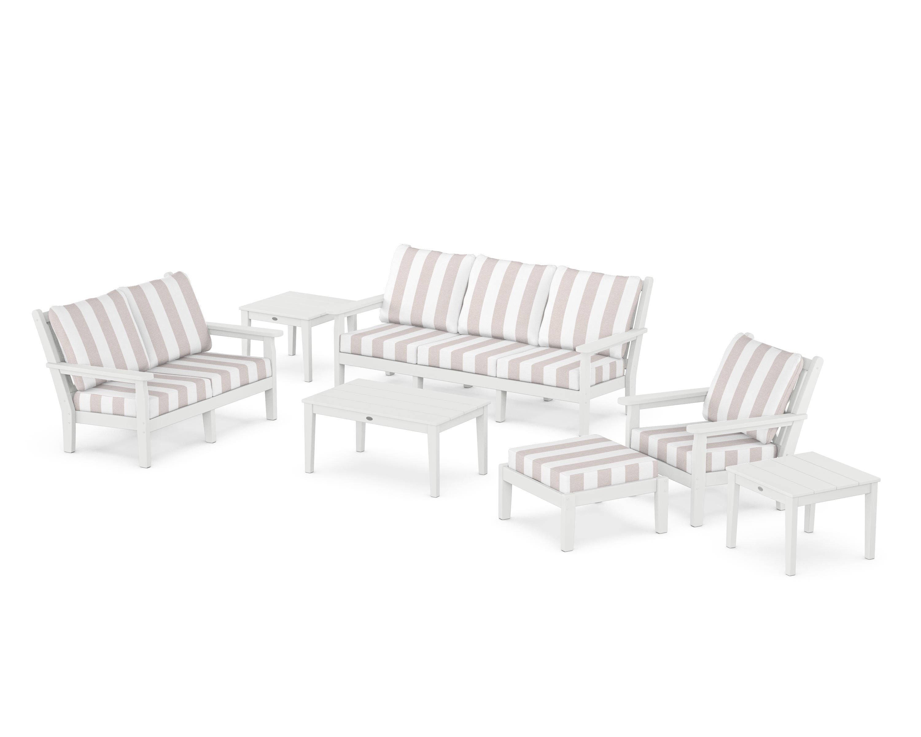 POLYWOOD® Chippendale 7-Piece Deep Seating Set in White / Cabana Stripe Dune Burlap