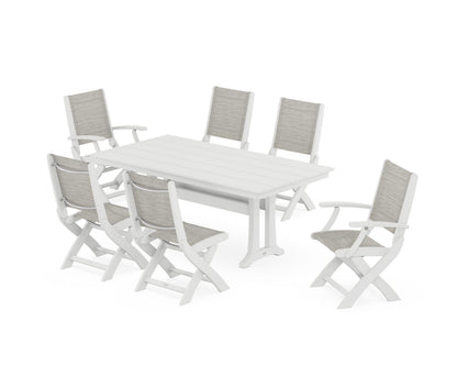 POLYWOOD® Coastal Folding Chair 7-Piece Farmhouse Dining Set with Trestle Legs in White / Birch Sling