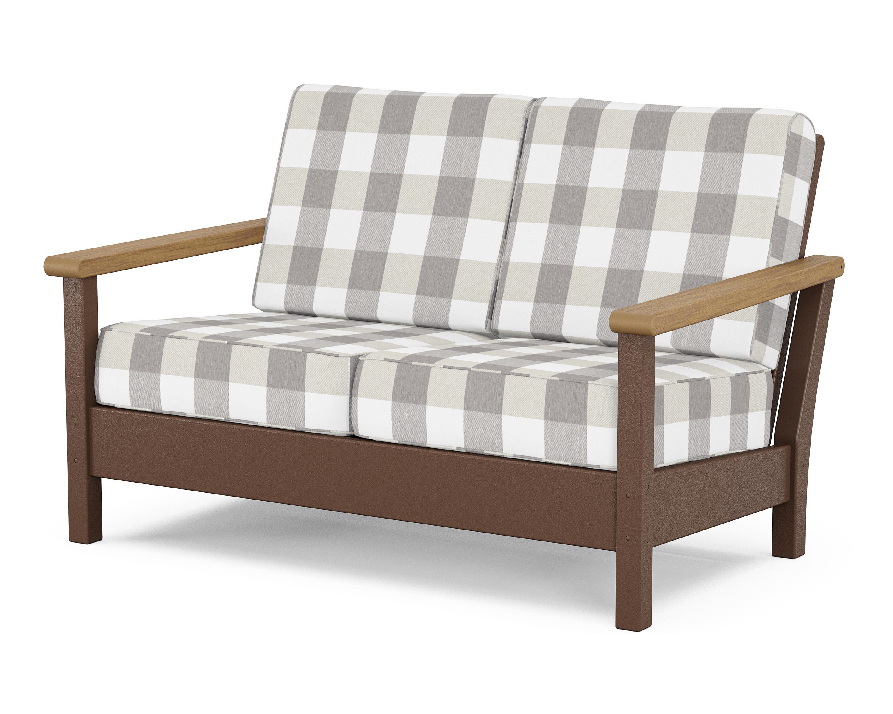 POLYWOOD® Harbour Deep Seating Loveseat in Mahogany / Natural / Buffalo Plaid Grey Mist