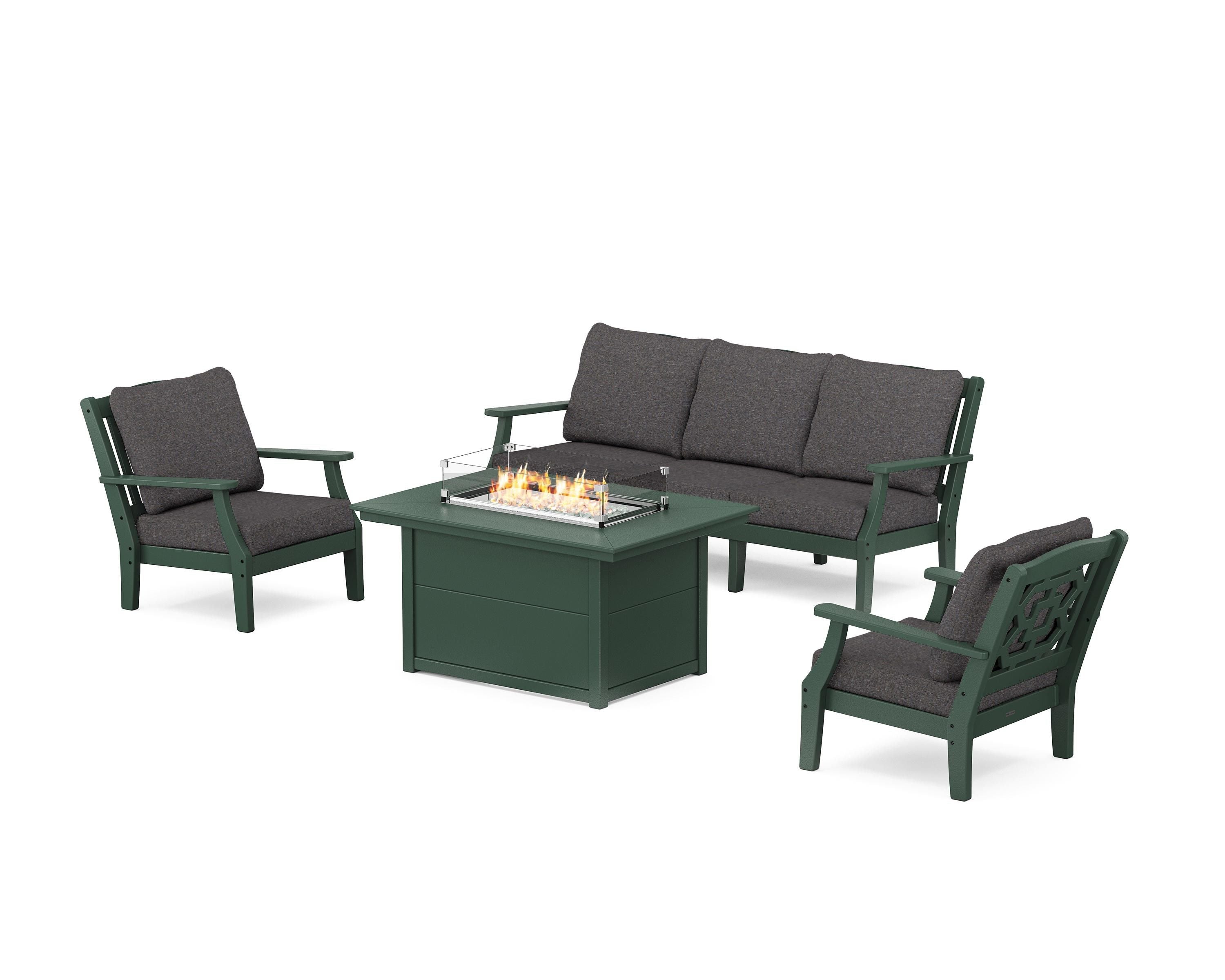 Martha Stewart by POLYWOOD® Chinoiserie Deep Seating Fire Pit Table Set in Green / Ash Charcoal
