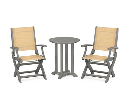 POLYWOOD® Coastal Folding 3-Piece Round Bistro Dining Set in Slate Grey / Dupioni Apricot Sling