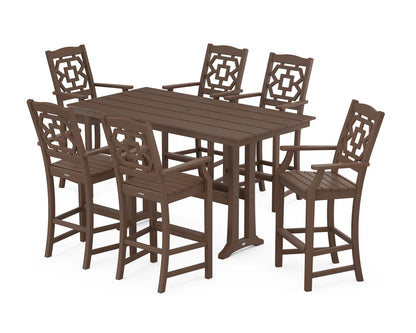 Chinoiserie Arm Chair 7-Piece Farmhouse Bar Set with Trestle Legs