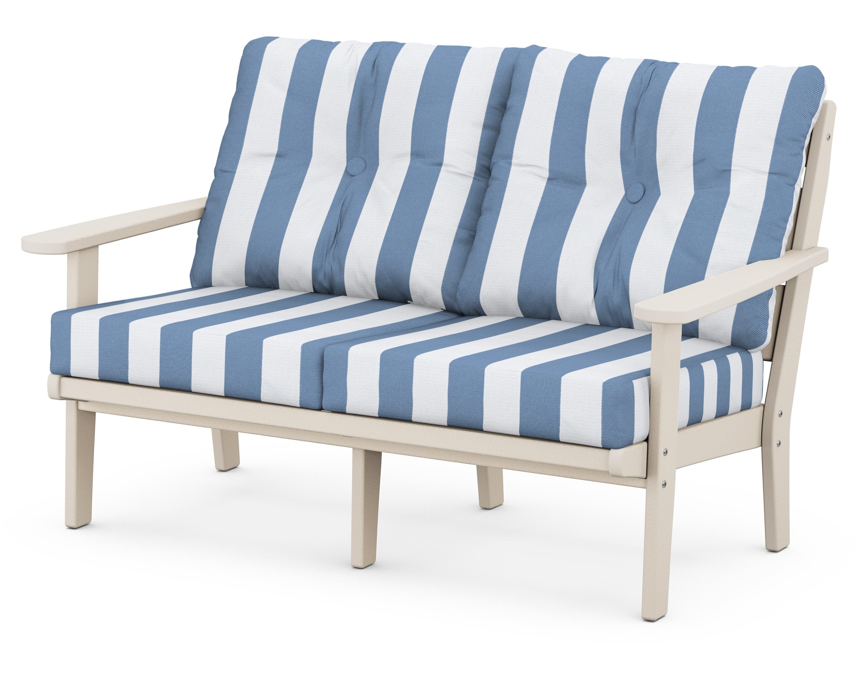 POLYWOOD® Lakeside Deep Seating Loveseat in Sand / Cabana Stripe Sky Blue