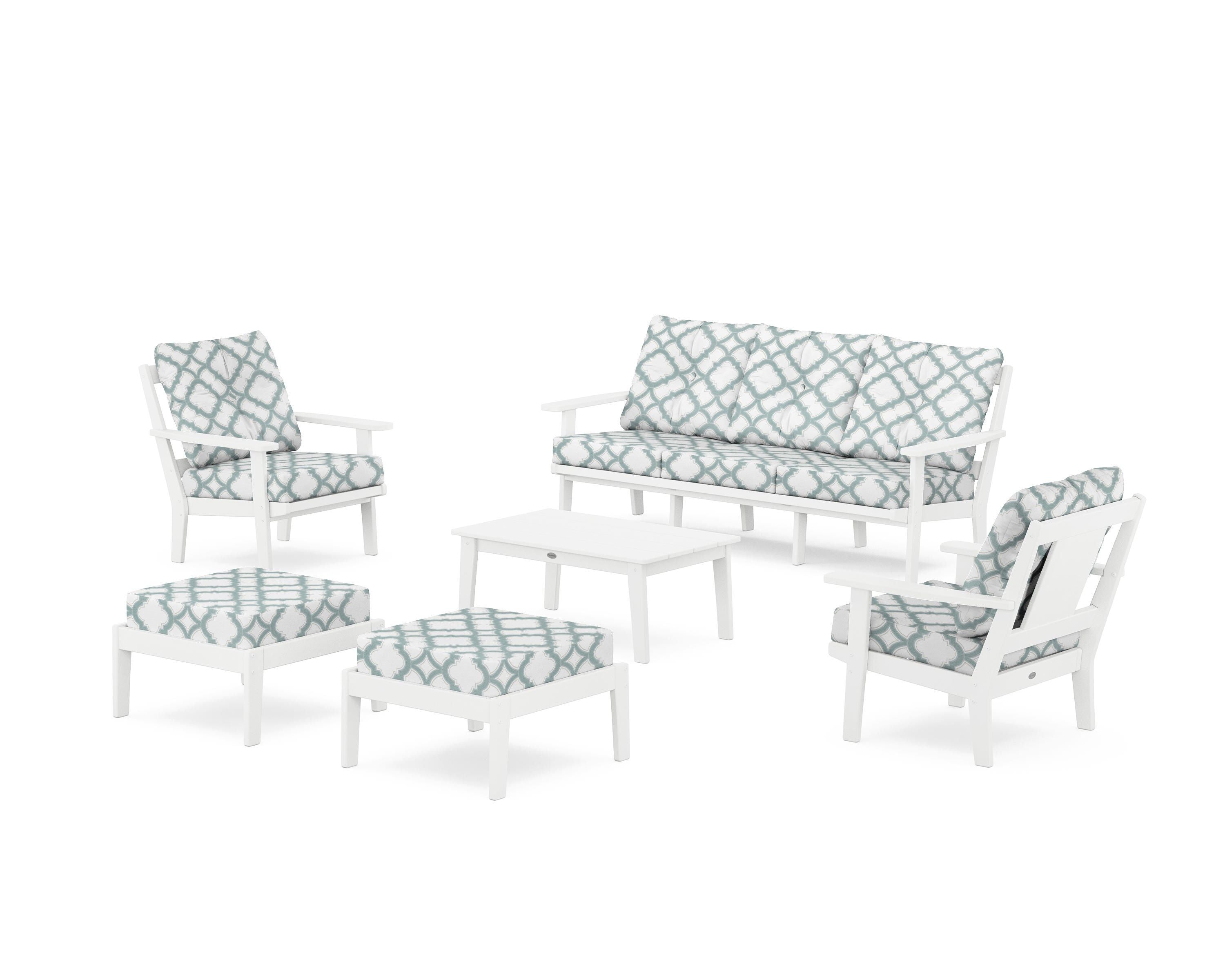 POLYWOOD® Prairie 6-Piece Lounge Sofa Set in White / Trellis Glacier Spa