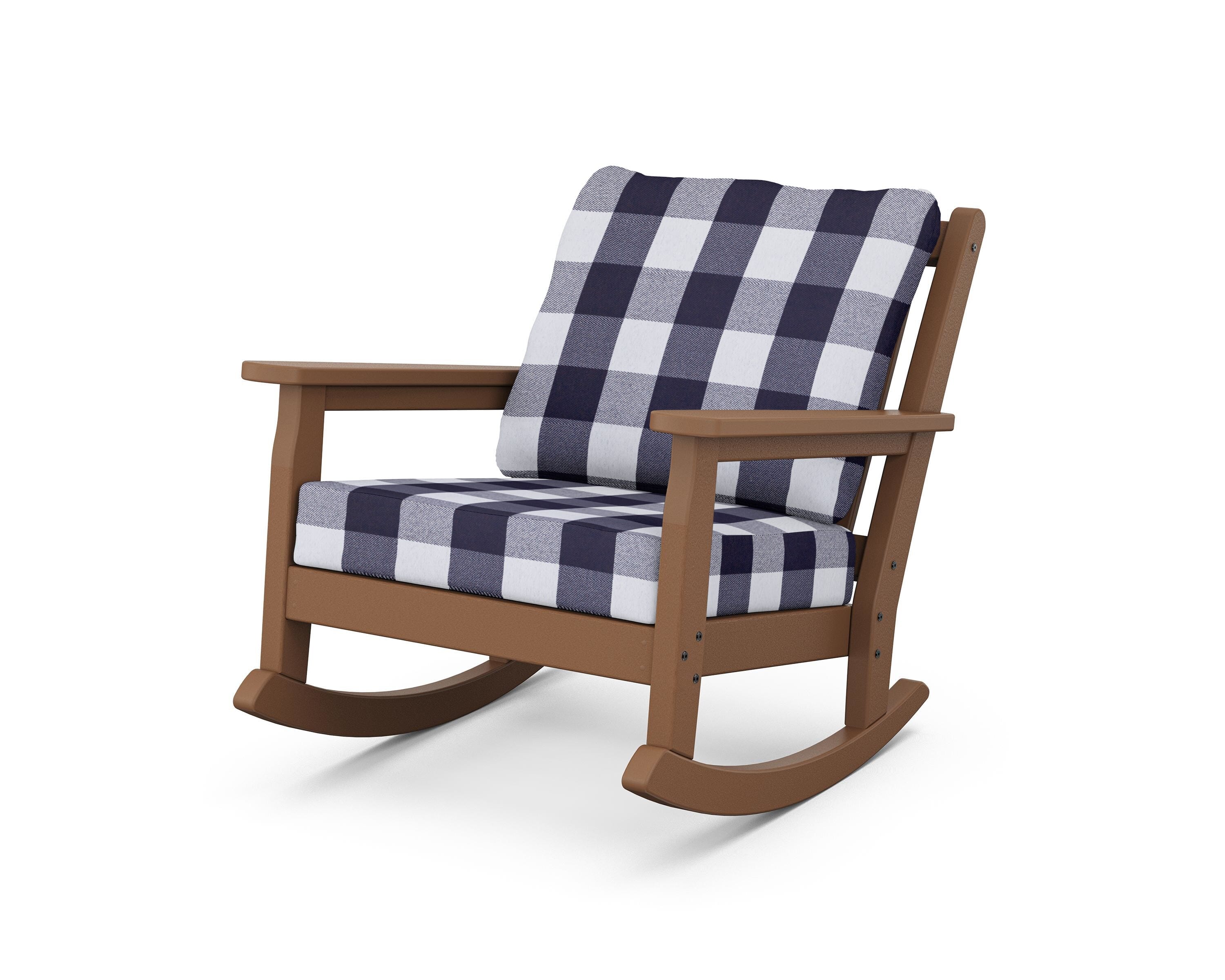 POLYWOOD® Chippendale Deep Seating Rocking Chair in Teak / Buffalo Plaid Navy