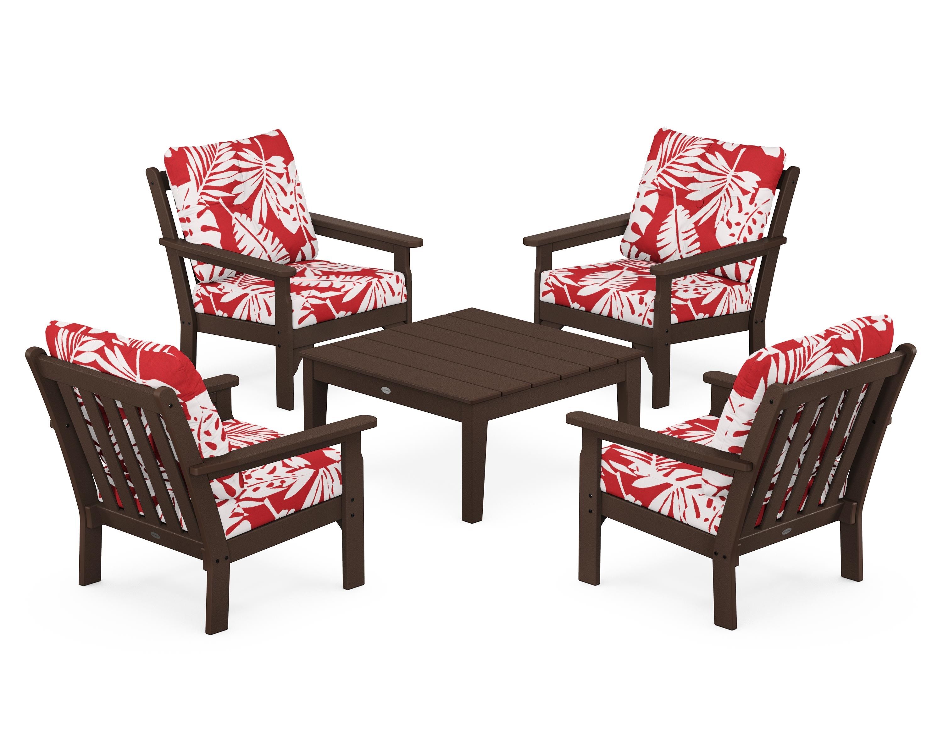 POLYWOOD® Vineyard 5-Piece Deep Seating Conversation Set in Mahogany / Leaf Crimson
