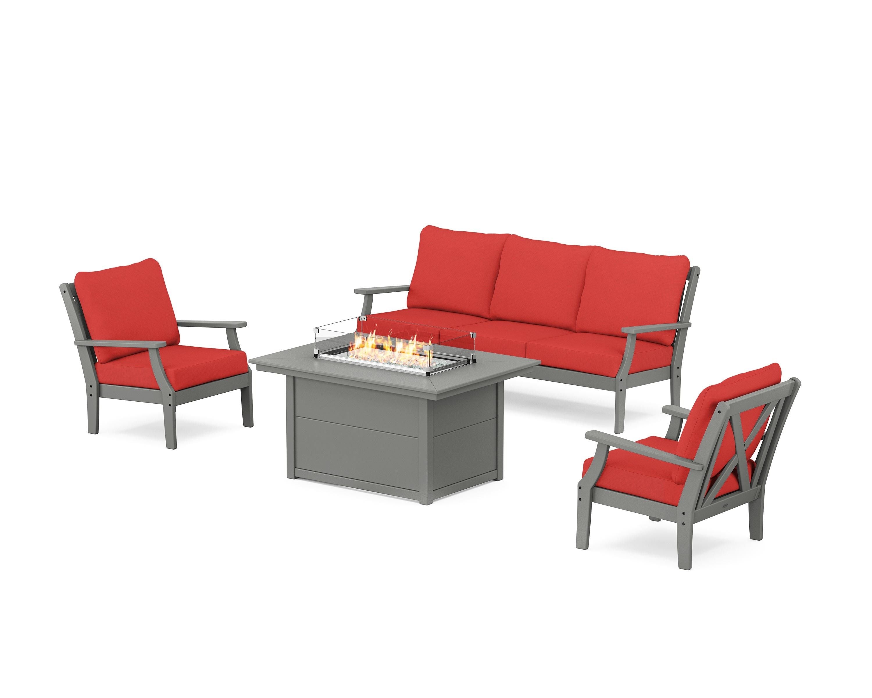 POLYWOOD® Braxton Deep Seating Fire Pit Table Set in Slate Grey / Crimson Linen