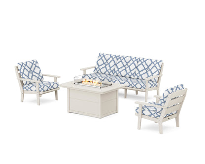 POLYWOOD® Lakeside Deep Seating Fire Pit Table Set in Sand / Trellis Sky Blue