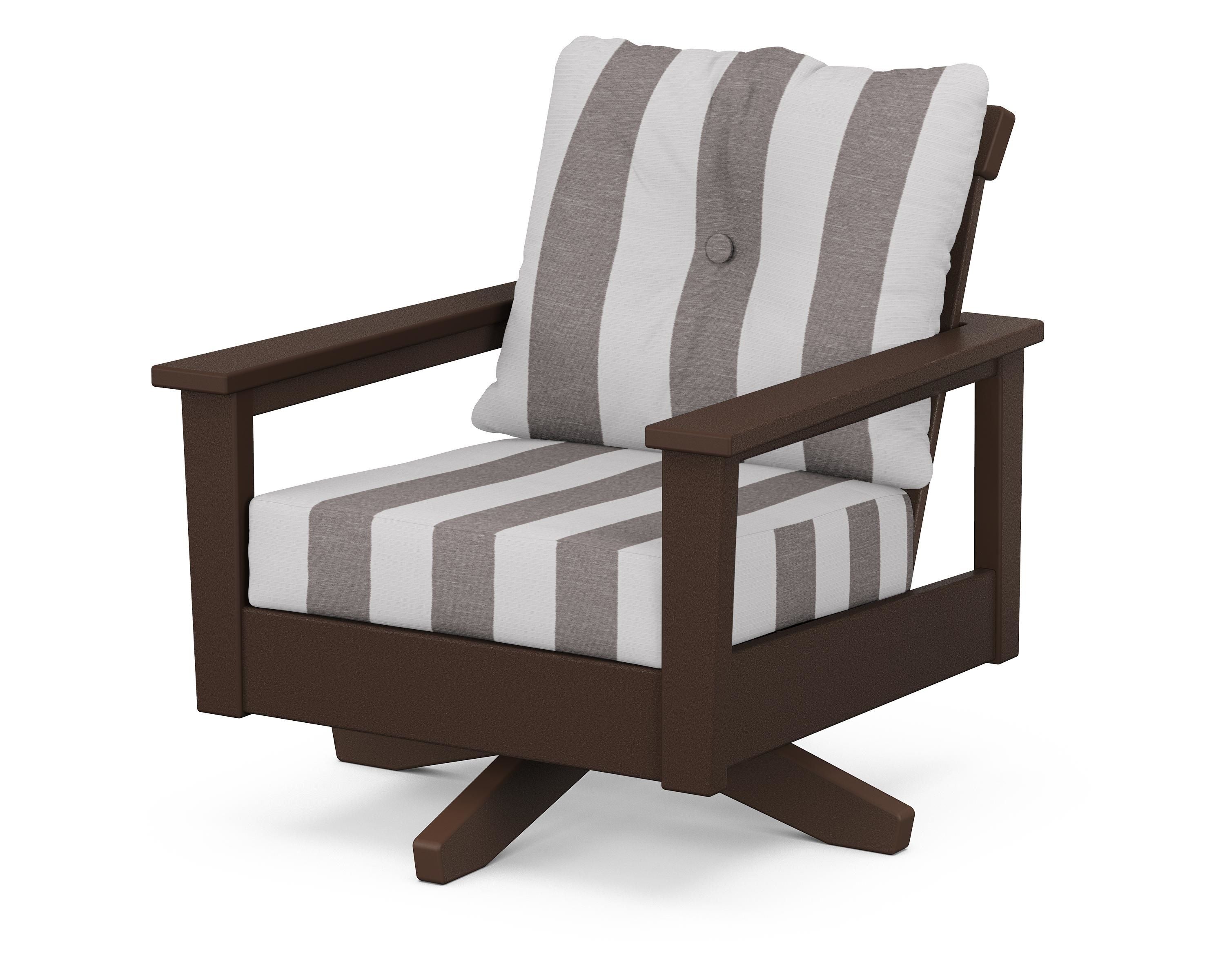 POLYWOOD® Prescott Deep Seating Swivel Chair in Mahogany / Cabana Stripe Grey Mist