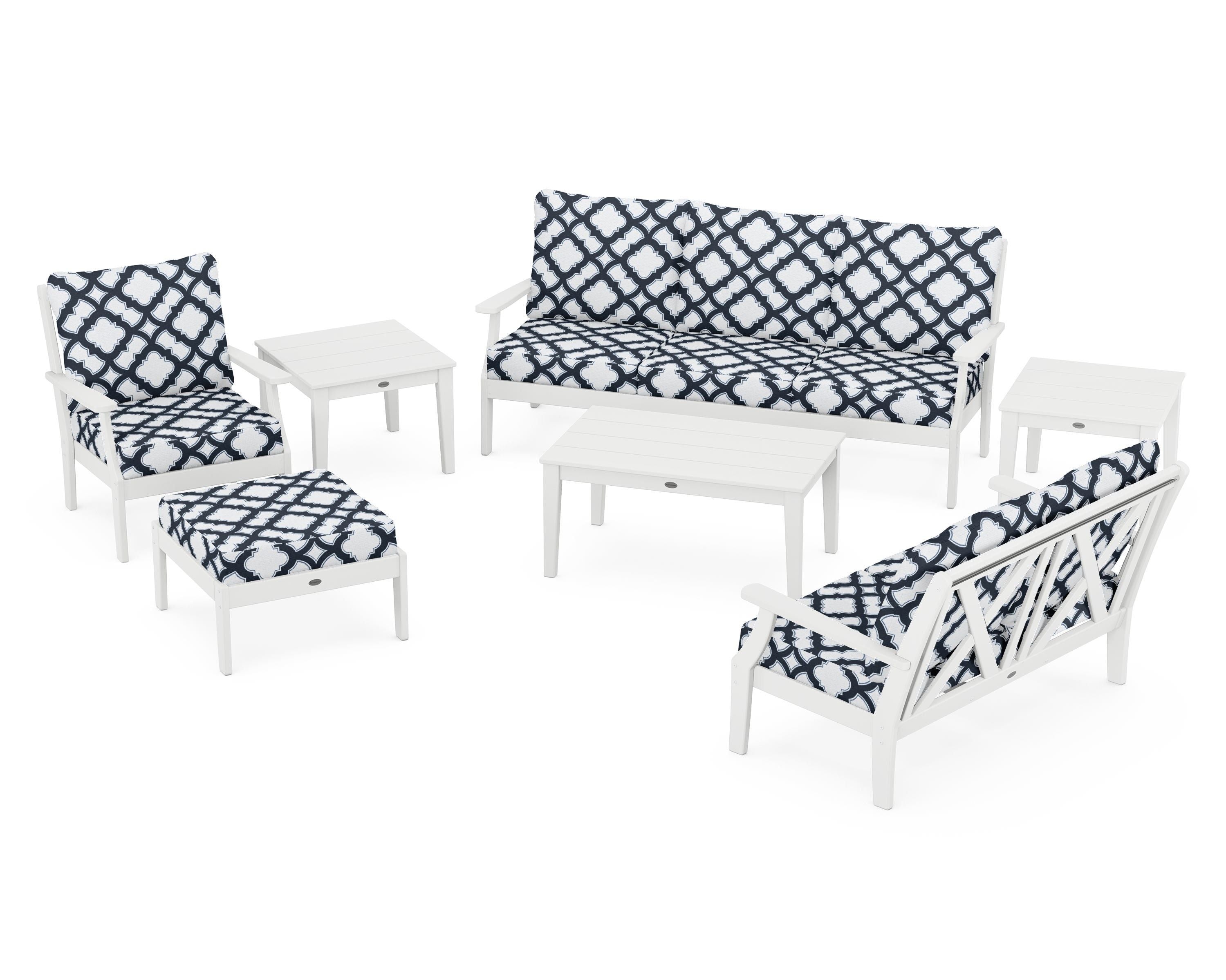 POLYWOOD® Braxton 7-Piece Deep Seating Set in White / Trellis Marine Indigo