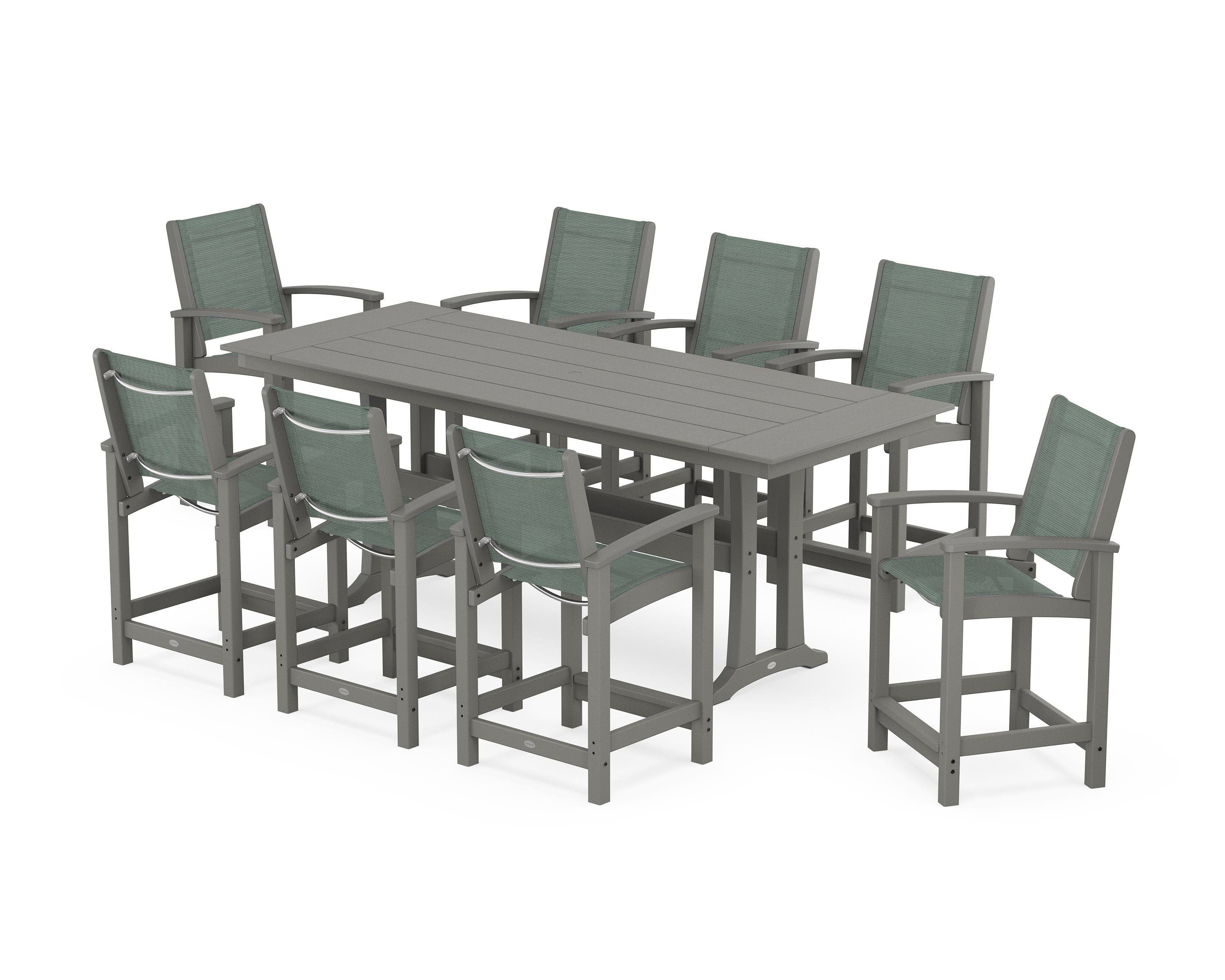 POLYWOOD® Coastal 9-Piece Farmhouse Counter Set with Trestle Legs in Slate Grey / Dupioni Sea Mist Sling