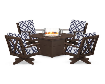 POLYWOOD® Braxton 5-Piece Deep Seating Swivel Conversation Set with Fire Pit Table in Mahogany / Trellis Navy