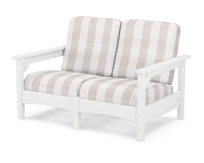 POLYWOOD® Club Loveseat in White / Buffalo Plaid Dune Burlap