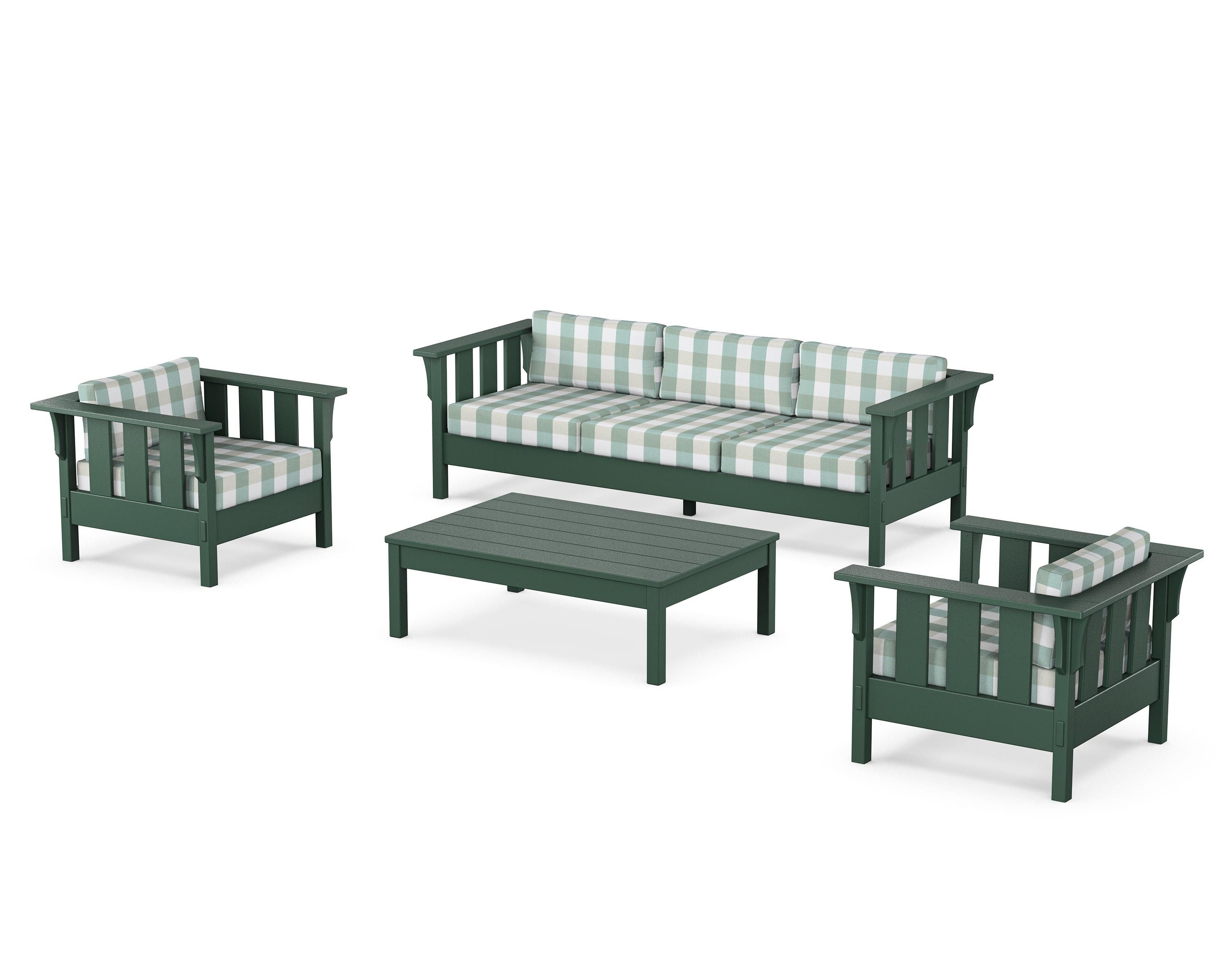 Martha Stewart by POLYWOOD® Acadia 4-Piece Deep Seating Set with Sofa in Green / Buffalo Plaid Glacier Spa