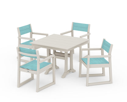 POLYWOOD® EDGE Sling 5-Piece Farmhouse Dining Set with Trestle Legs in Sand / Dupioni Aquamarine Sling
