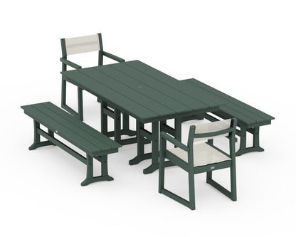 POLYWOOD® EDGE Sling Arm Chair 5-Piece Farmhouse Dining Set with Benches in Green / Parchment Sling
