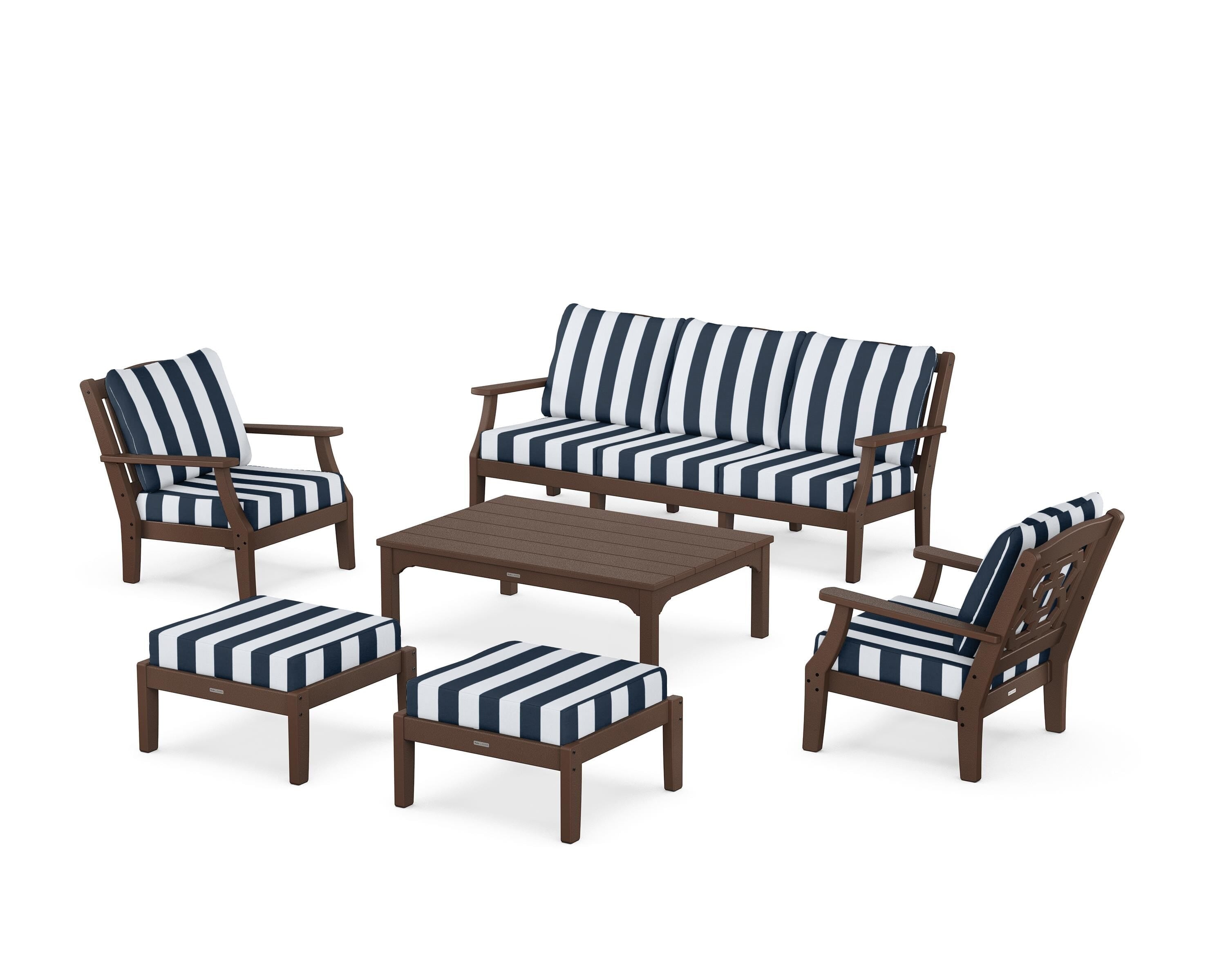 Martha Stewart by POLYWOOD® Chinoiserie 6-Piece Lounge Sofa Set in Mahogany / Cabana Stripe Marine Indigo