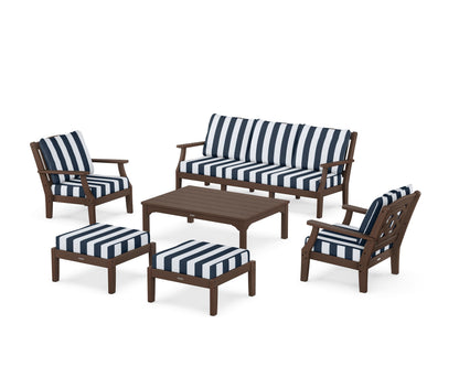 Martha Stewart by POLYWOOD® Chinoiserie 6-Piece Lounge Sofa Set in Mahogany / Cabana Stripe Marine Indigo