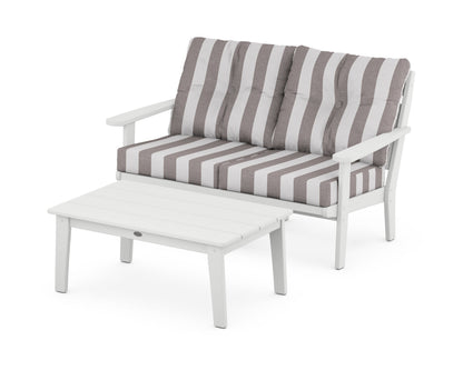 POLYWOOD® Lakeside 2-Piece Lounge Loveseat Set in White / Cabana Stripe Grey Mist
