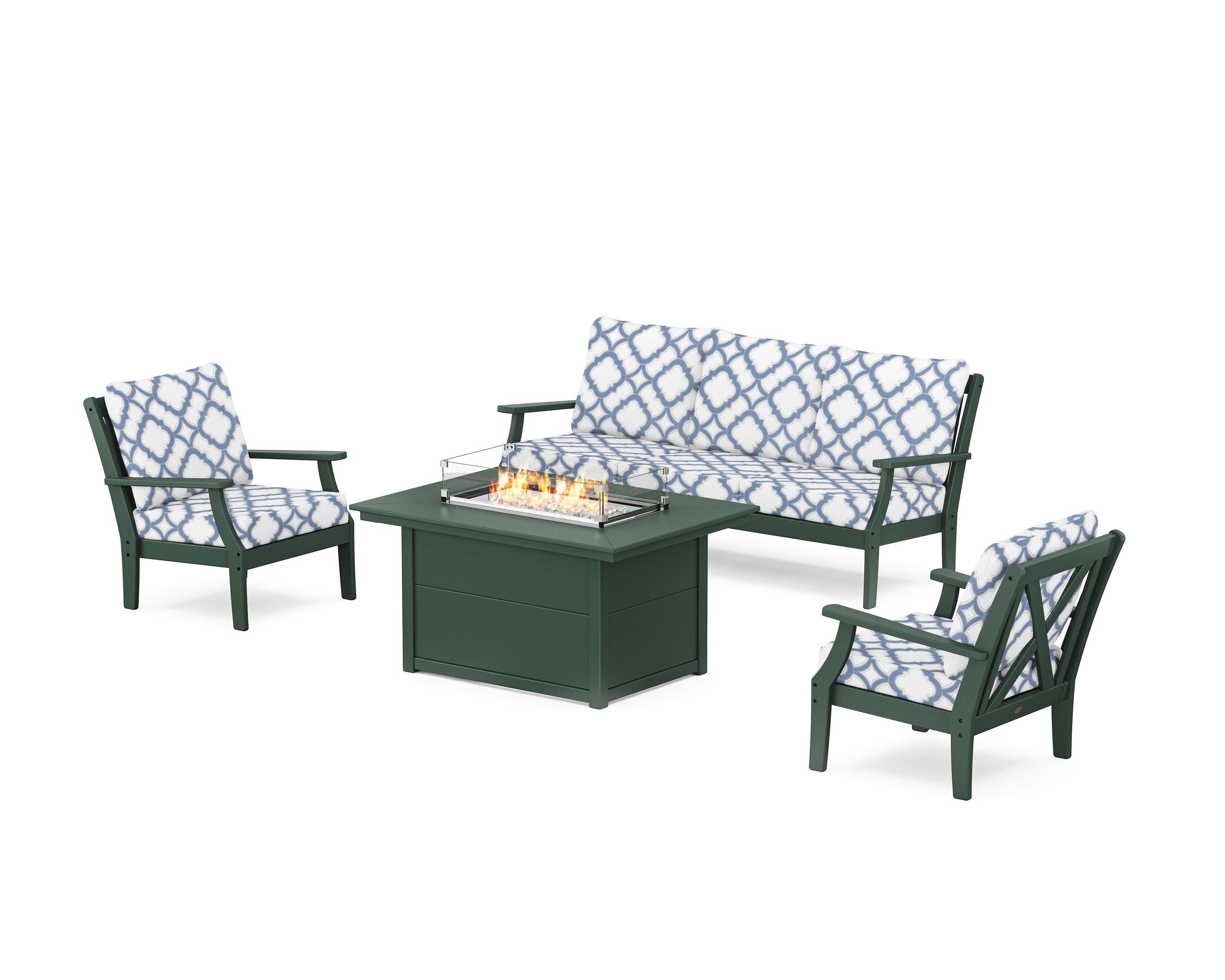 POLYWOOD® Braxton Deep Seating Fire Pit Table Set in Green / Trellis Sky Blue