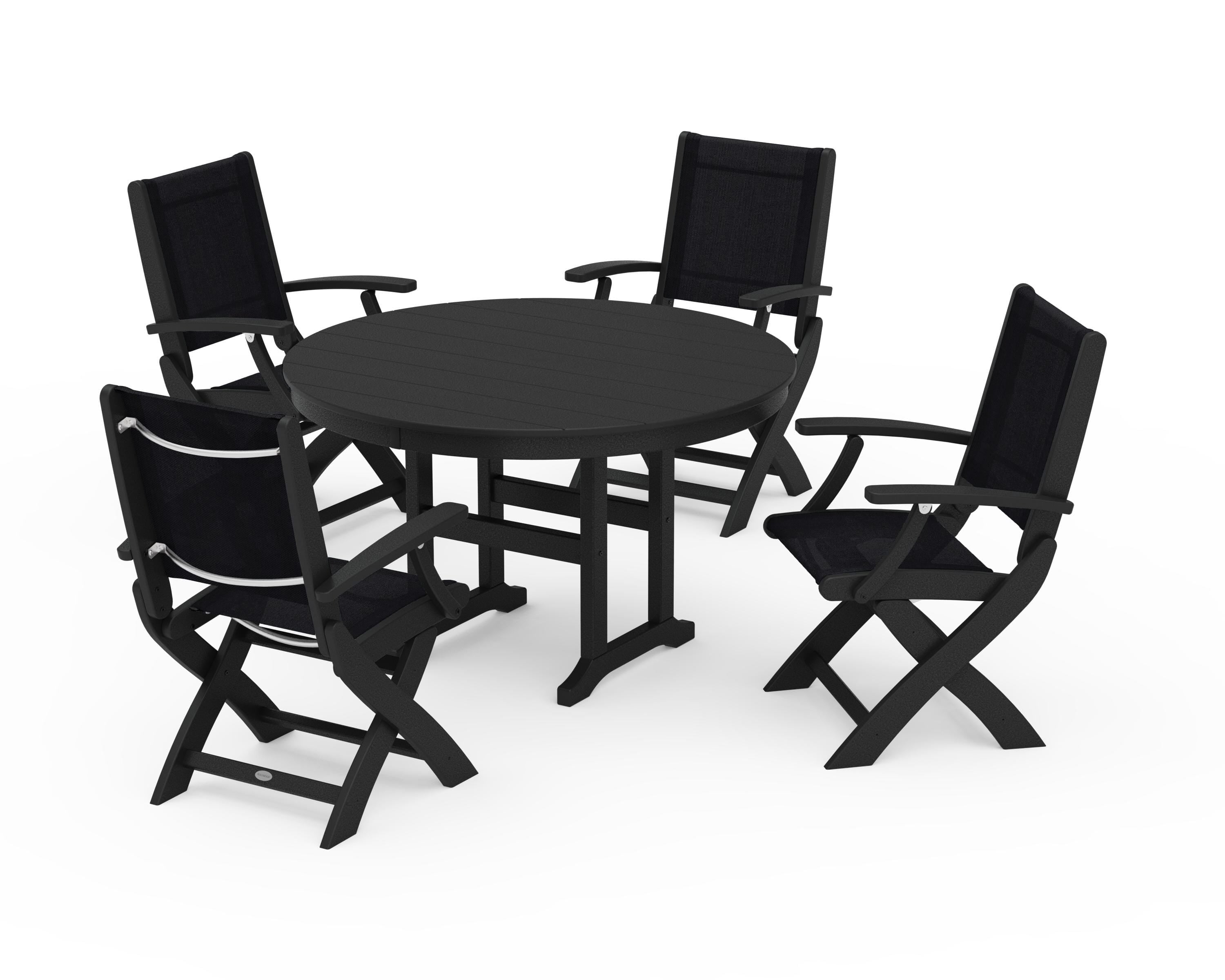 POLYWOOD® Coastal Folding Chair 5-Piece Round Dining Set in Black / Black Sling