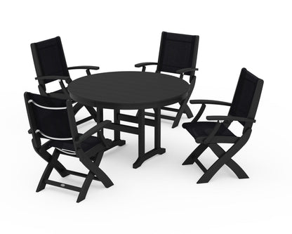 POLYWOOD® Coastal Folding Chair 5-Piece Round Dining Set in Black / Black Sling