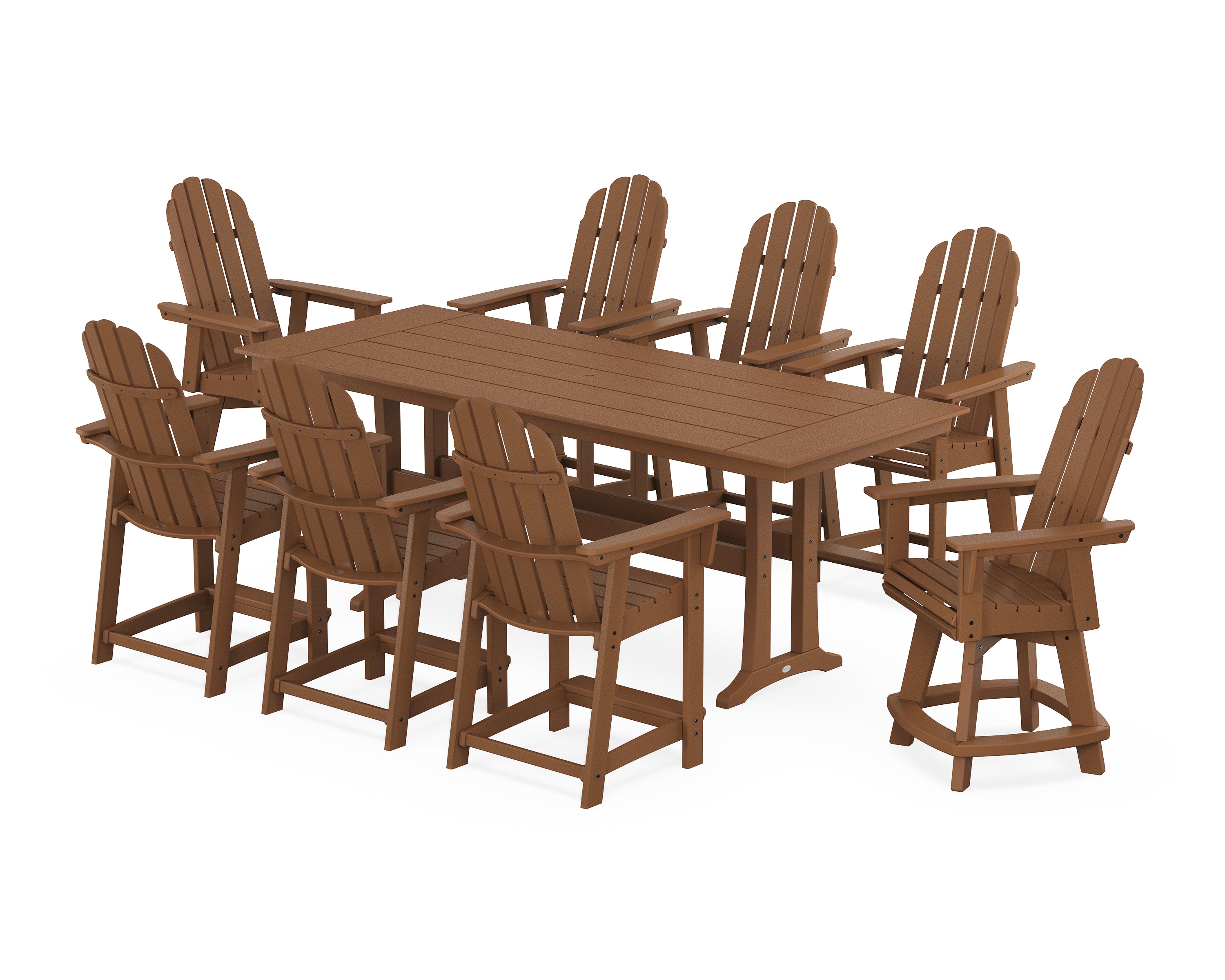 POLYWOOD® Vineyard Curveback Adirondack Swivel 9-Piece Farmhouse Counter Set with Trestle Legs in Teak