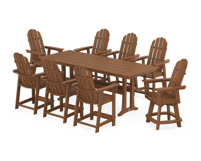 POLYWOOD® Vineyard Curveback Adirondack Swivel 9-Piece Farmhouse Counter Set with Trestle Legs in Teak