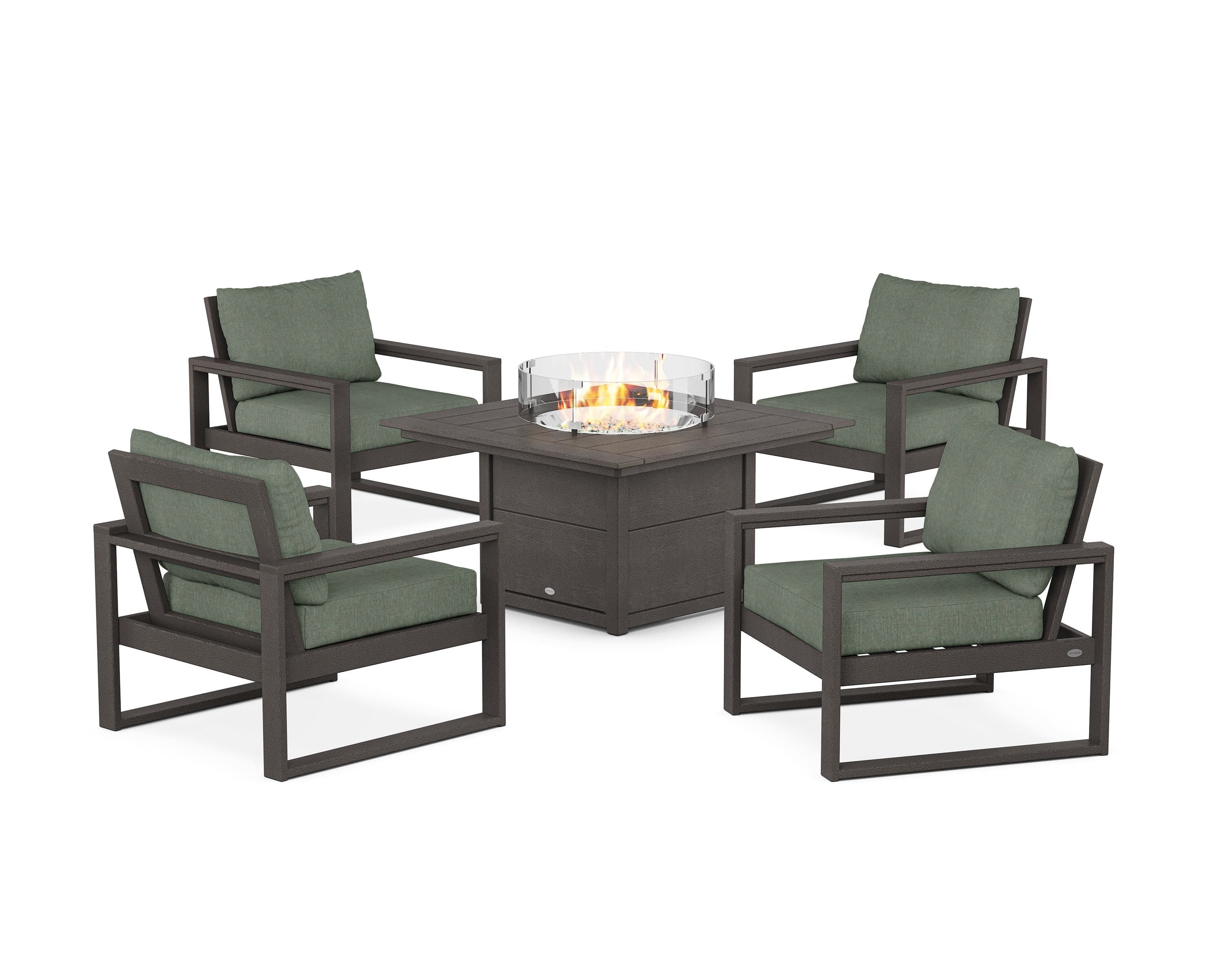 POLYWOOD® EDGE Sectional 5-Piece Deep Seating Set with Fire Pit Table in Vintage Coffee / Cast Sage