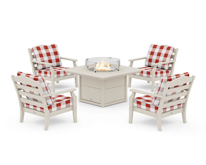 Draper James™ by  POLYWOOD® Savannah 5-Piece Deep Seating Set with Fire Pit Table in Sand / Buffalo Plaid Crimson