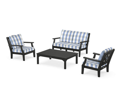 Martha Stewart by POLYWOOD® Chinoiserie 4-Piece Deep Seating Set with Loveseat in Black / Buffalo Plaid Sky Blue