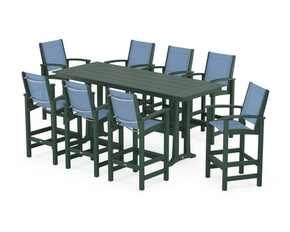 POLYWOOD® Coastal 9-Piece Farmhouse Bar Set with Trestle Legs in Green / Poolside Sling
