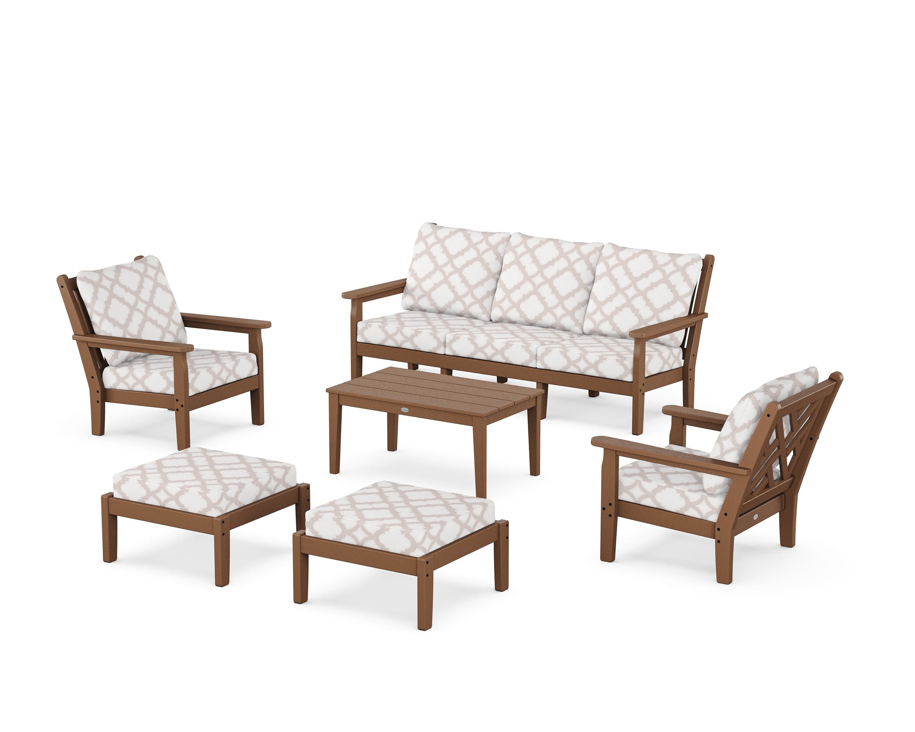 POLYWOOD® Chippendale 6-Piece Lounge Sofa Set in Teak / Trellis Dune Burlap