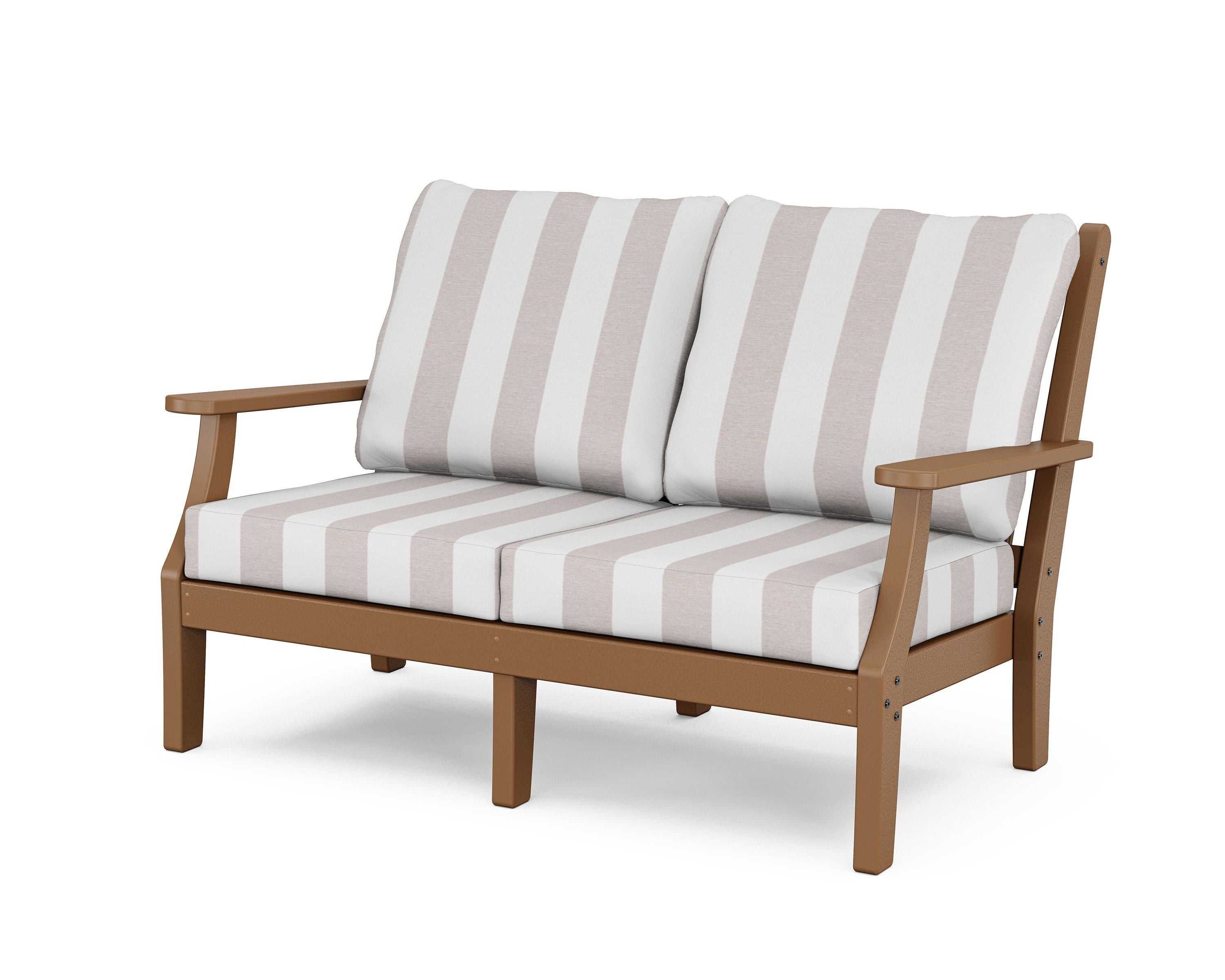 Country Living Wovendale Deep Seating Loveseat in Teak / Cabana Stripe Dune Burlap