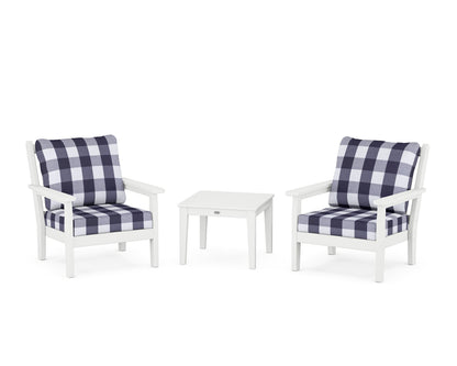POLYWOOD® Chippendale 3-Piece Deep Seating Set in White / Buffalo Plaid Navy