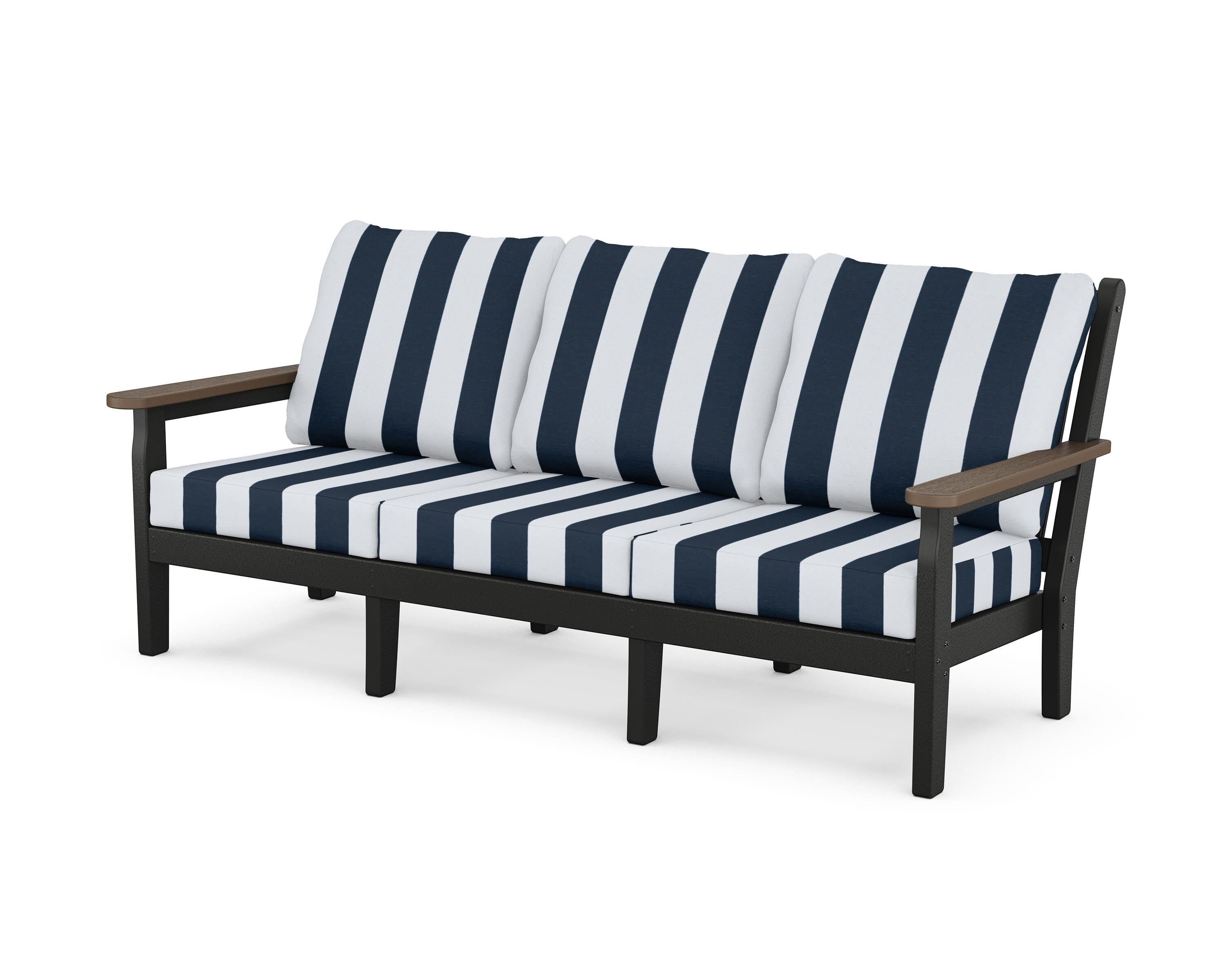 POLYWOOD® Chippendale Deep Seating Sofa in Black / Kona / Cabana Stripe Marine Indigo