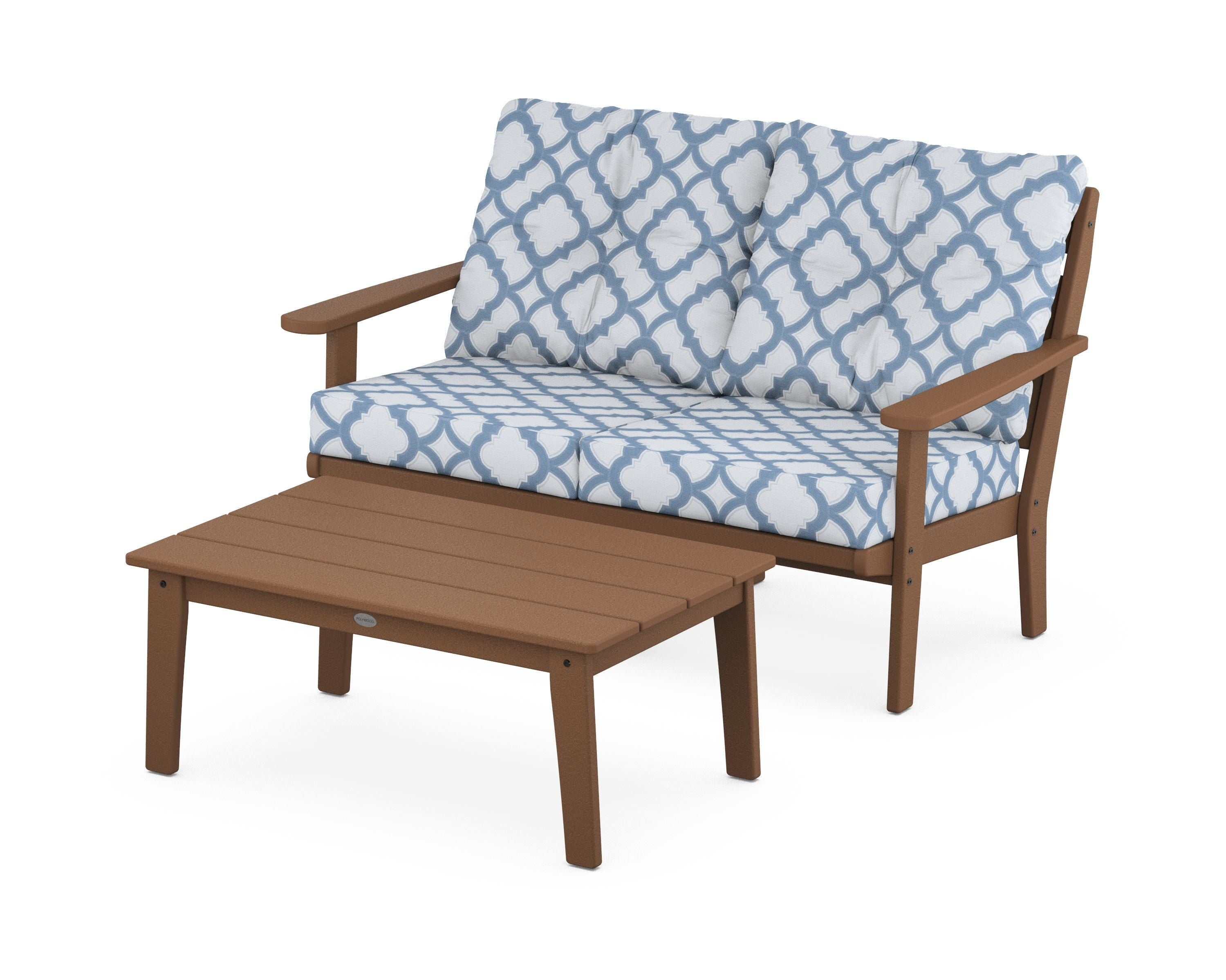 POLYWOOD® Lakeside 2-Piece Lounge Loveseat Set in Teak / Trellis Sky Blue