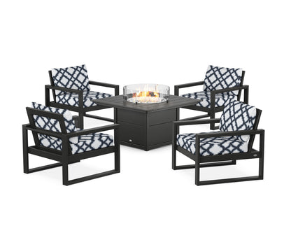 POLYWOOD® EDGE Sectional 5-Piece Deep Seating Set with Fire Pit Table in Black / Trellis Marine Indigo