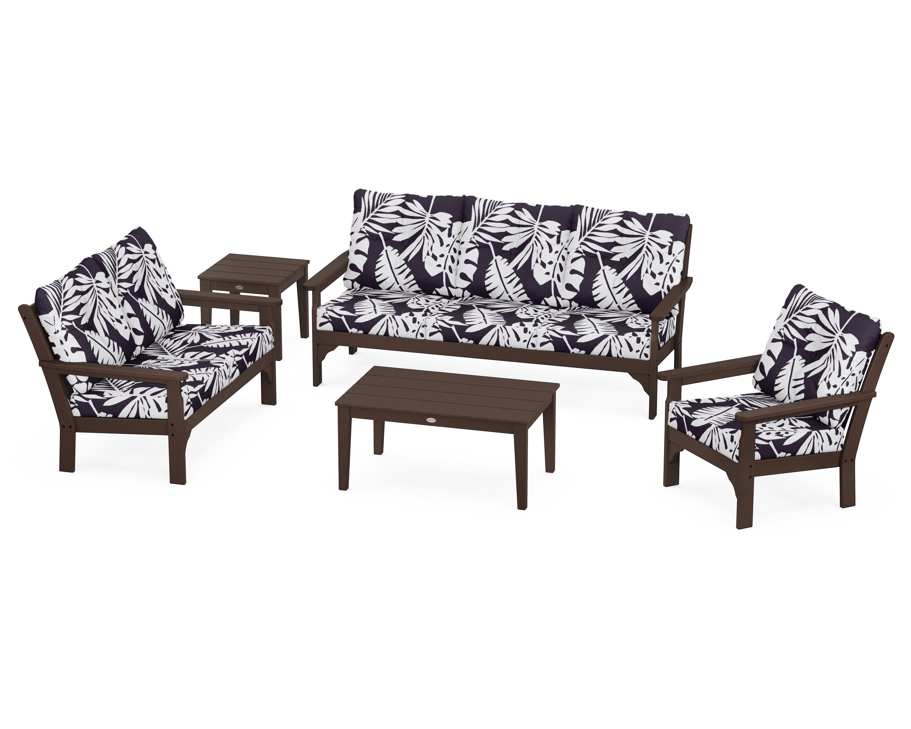 POLYWOOD® Vineyard 5 Piece Deep Seating Set in Mahogany / Leaf Navy