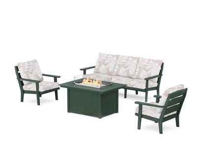 POLYWOOD® Lakeside Deep Seating Fire Pit Table Set in Green / Leaf Dune Burlap