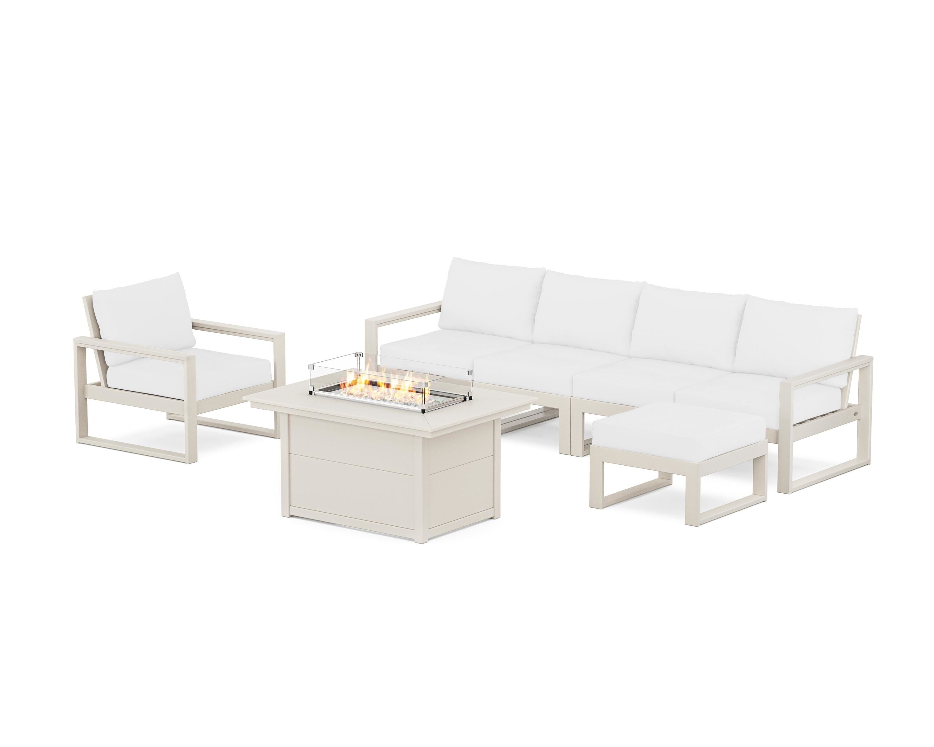 POLYWOOD® EDGE Sectional Lounge and Fire Pit Set in Sand / Natural