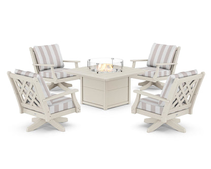 Country Living Wovendale 5-Piece Deep Seating Swivel Conversation Set with Fire Pit Table in Sand / Cabana Stripe Dune Burlap