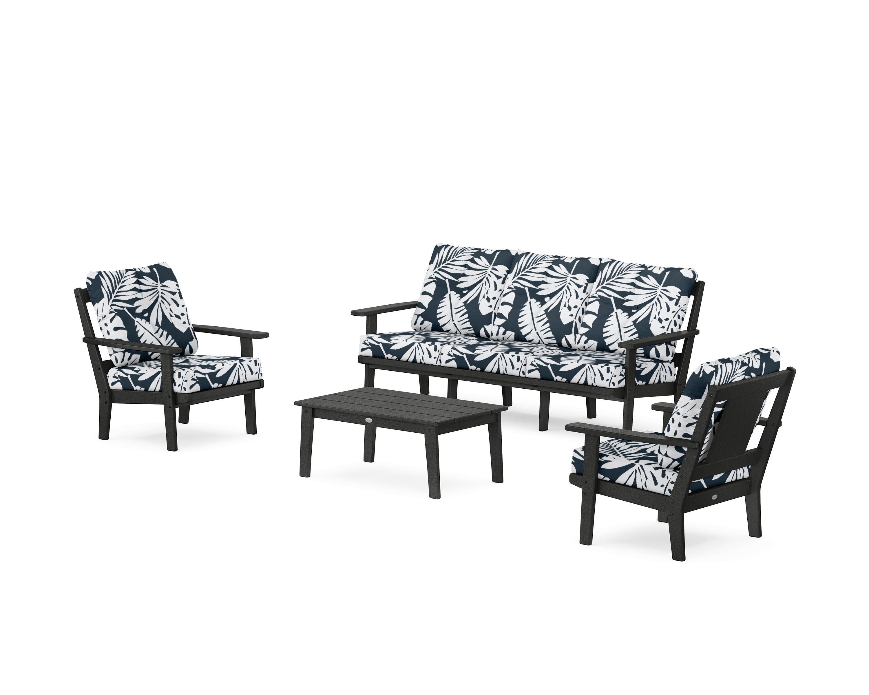 POLYWOOD® Prairie 4-Piece Deep Seating Set with Sofa in Black / Leaf Marine Indigo