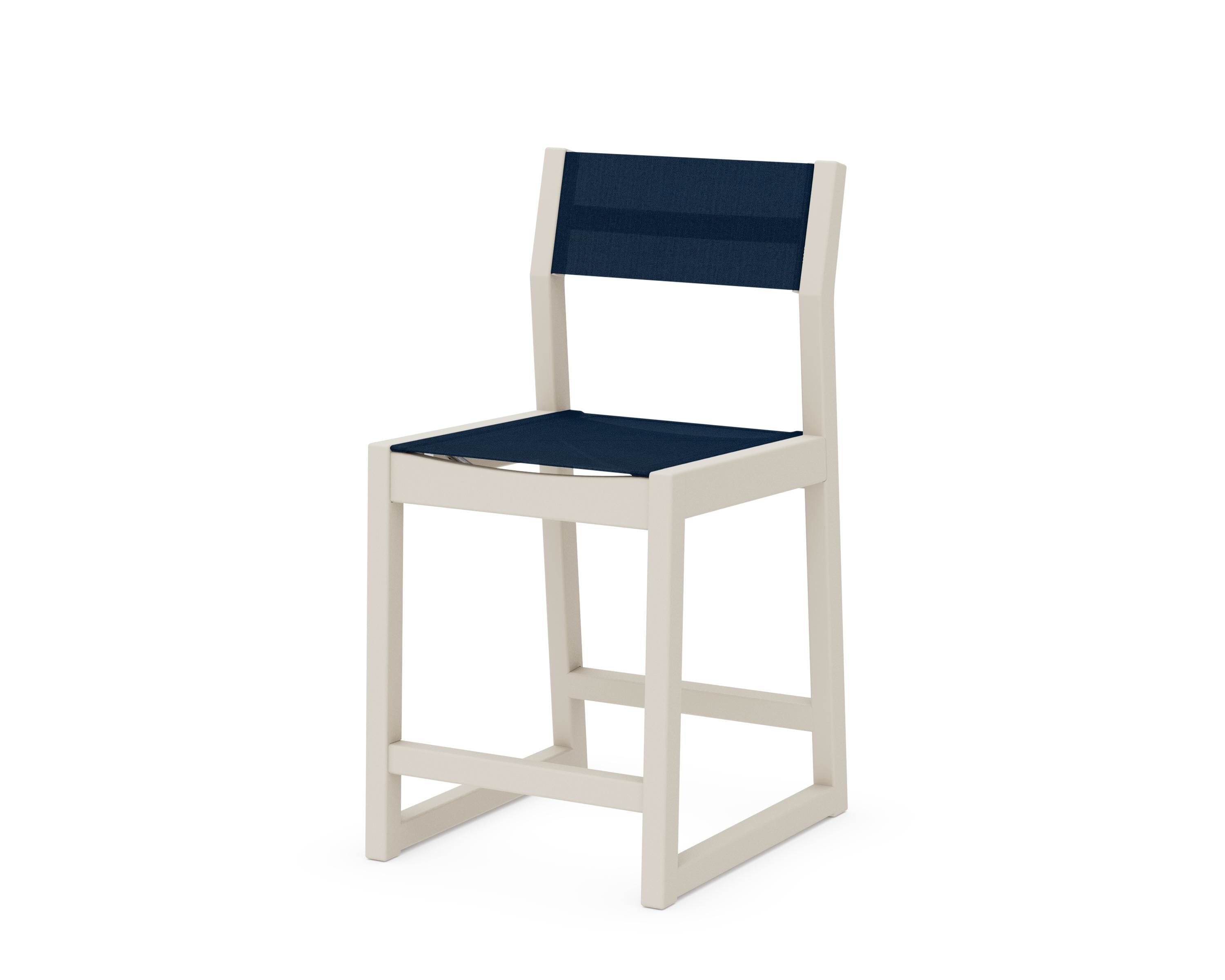 POLYWOOD® EDGE Sling Counter Side Chair in Sand / Navy Blue Sling