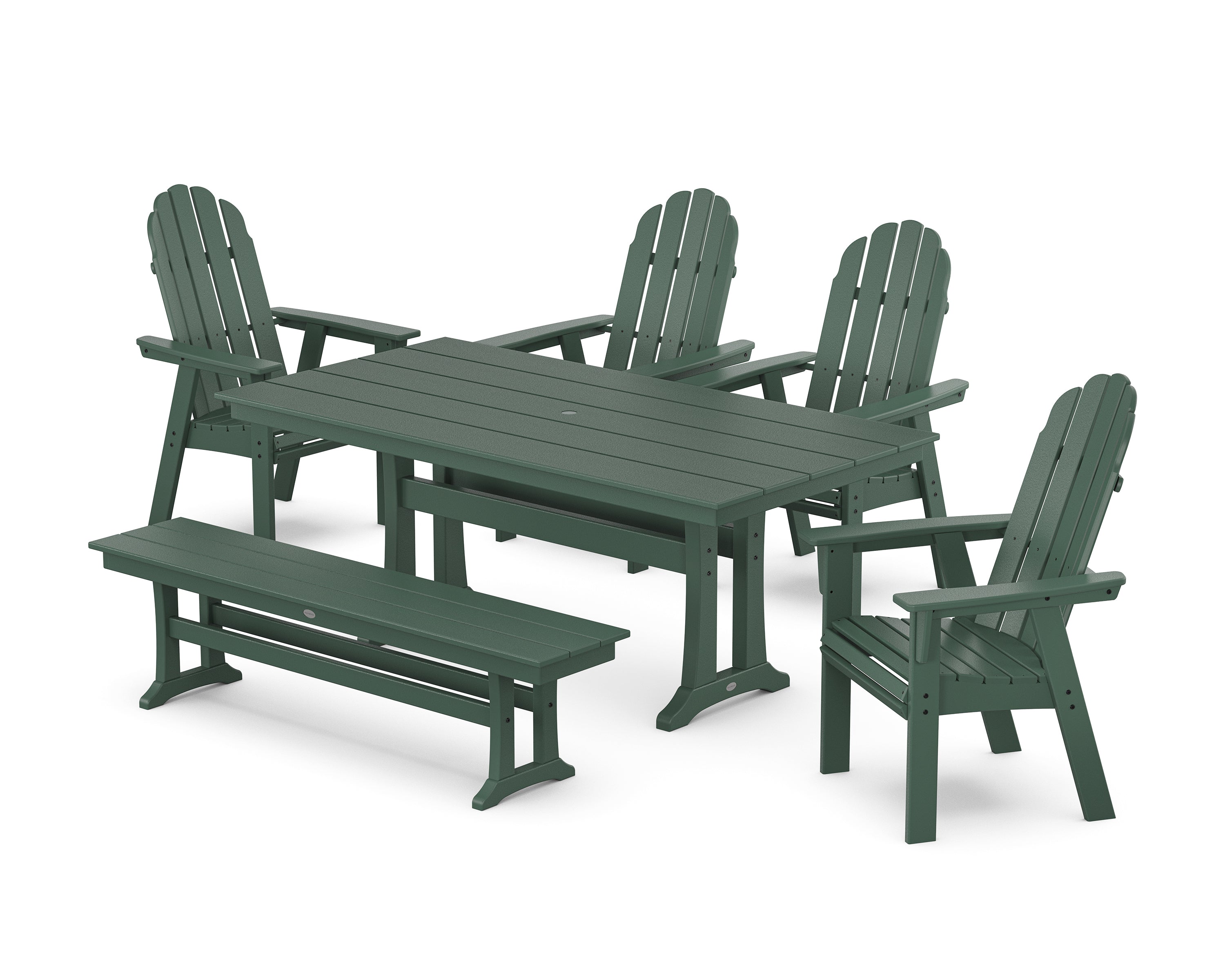 POLYWOOD® Vineyard Curveback Adirondack Chair 6-Piece Farmhouse Dining Set with Trestle Legs and Bench in Green