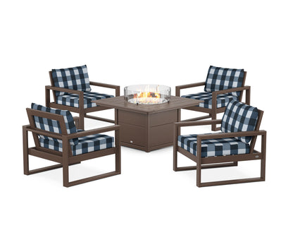 POLYWOOD® EDGE Sectional 5-Piece Deep Seating Set with Fire Pit Table in Mahogany / Buffalo Plaid Marine Indigo