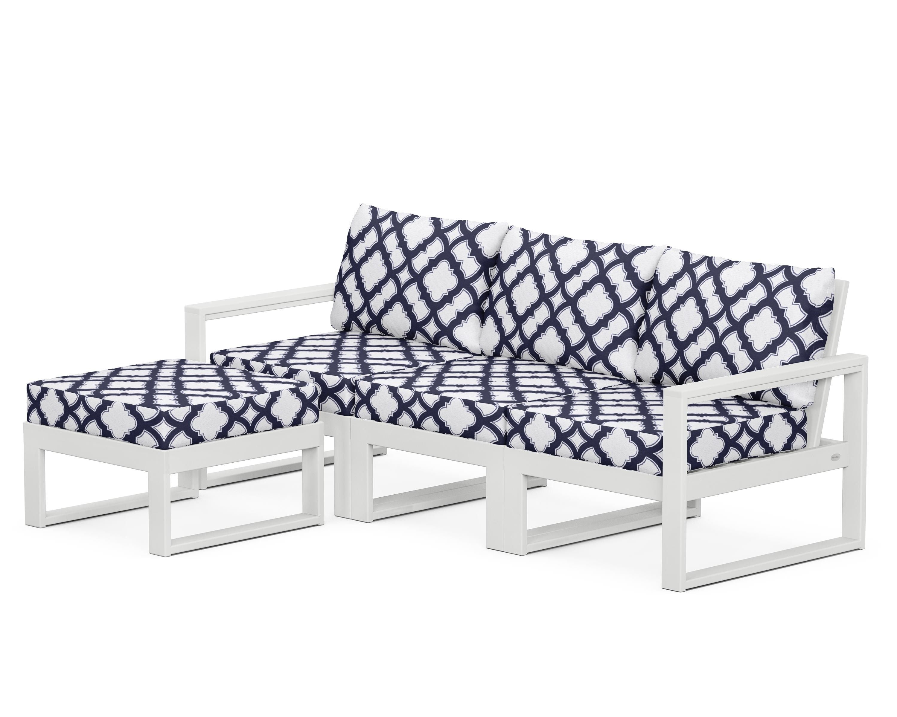 POLYWOOD® EDGE 4-Piece Modular Deep Seating Set with Ottoman in White / Trellis Navy
