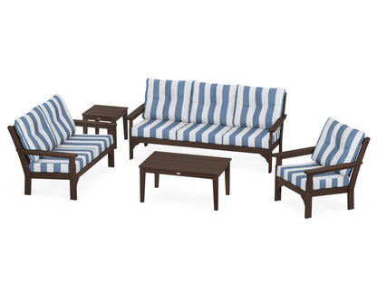 POLYWOOD® Vineyard 5 Piece Deep Seating Set in Mahogany / Cabana Stripe Sky Blue